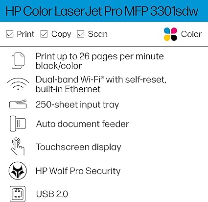 HP Color Laserjet Pro MFP 3301sdw Wireless All-in-One Color Laser Printer - Image 2