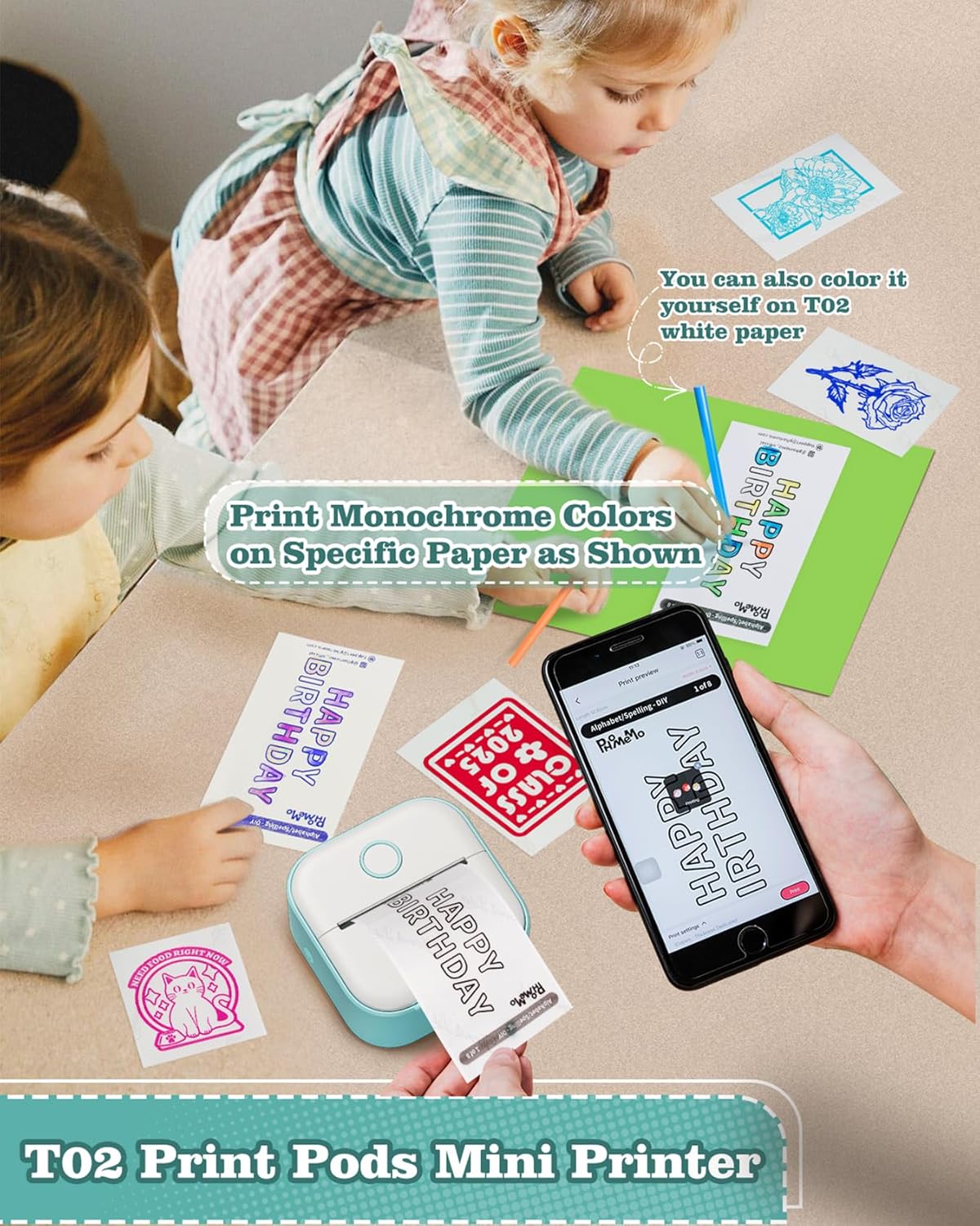 Memoking Sticker Printer - T02 Mini Printer Print Pods Portable Thermal Inkless Sticker Maker Machine - Image 2