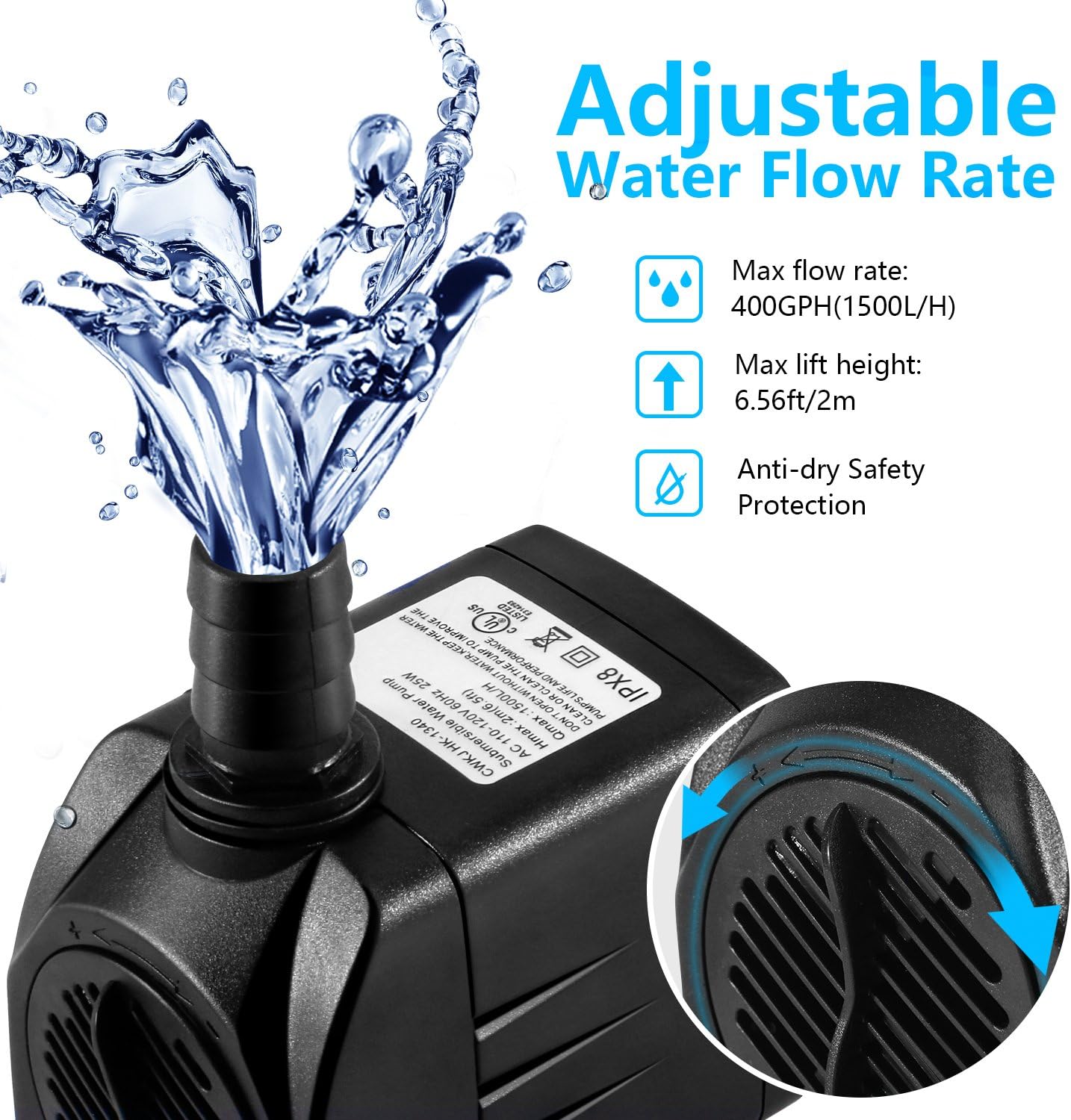 Fountain Pump, 400GPH Submersible , Durable 25W Outdoor Water Pump with 6.5ft Power Cord, 3 Nozzles for Aquarium - Image 2