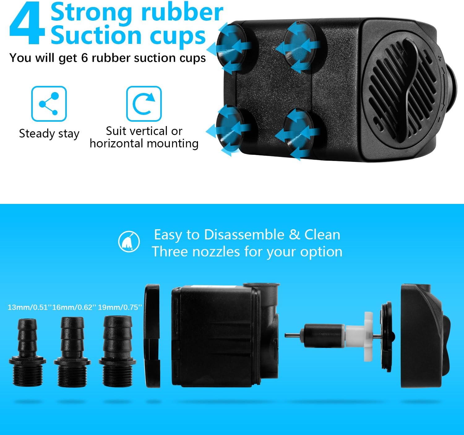 Fountain Pump, 400GPH Submersible , Durable 25W Outdoor Water Pump with 6.5ft Power Cord, 3 Nozzles for Aquarium - Image 7