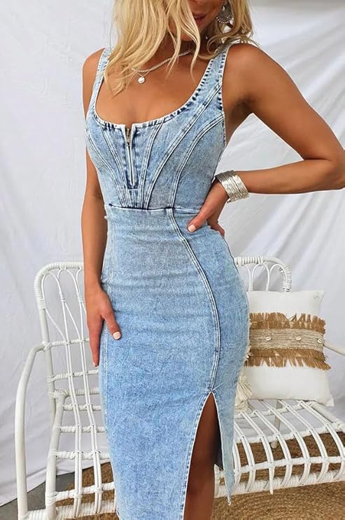 Women Sleeveless Side Slit Bodycon Midi Jean Dresses - Image 2