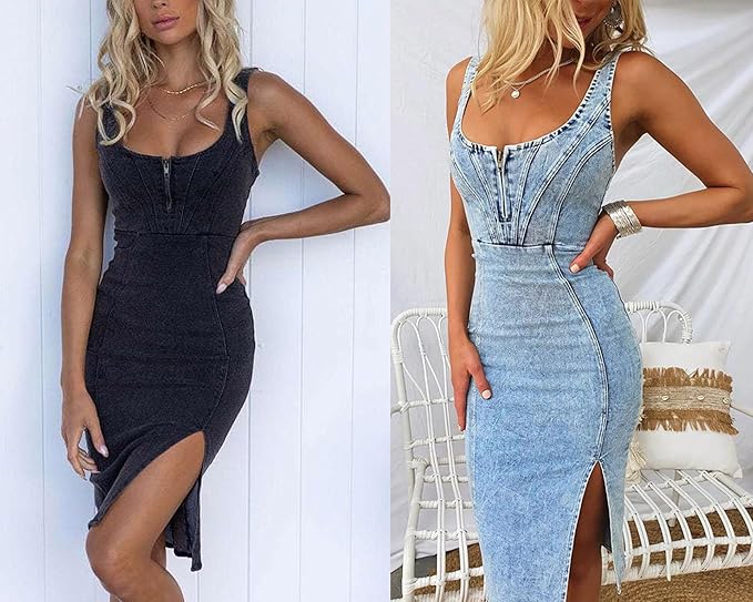 Women Sleeveless Side Slit Bodycon Midi Jean Dresses - Image 6