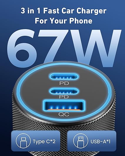 USB C Car Charger, 3-Port 67W Dual USB-C & USB-A Car Power Adapter - Image 3