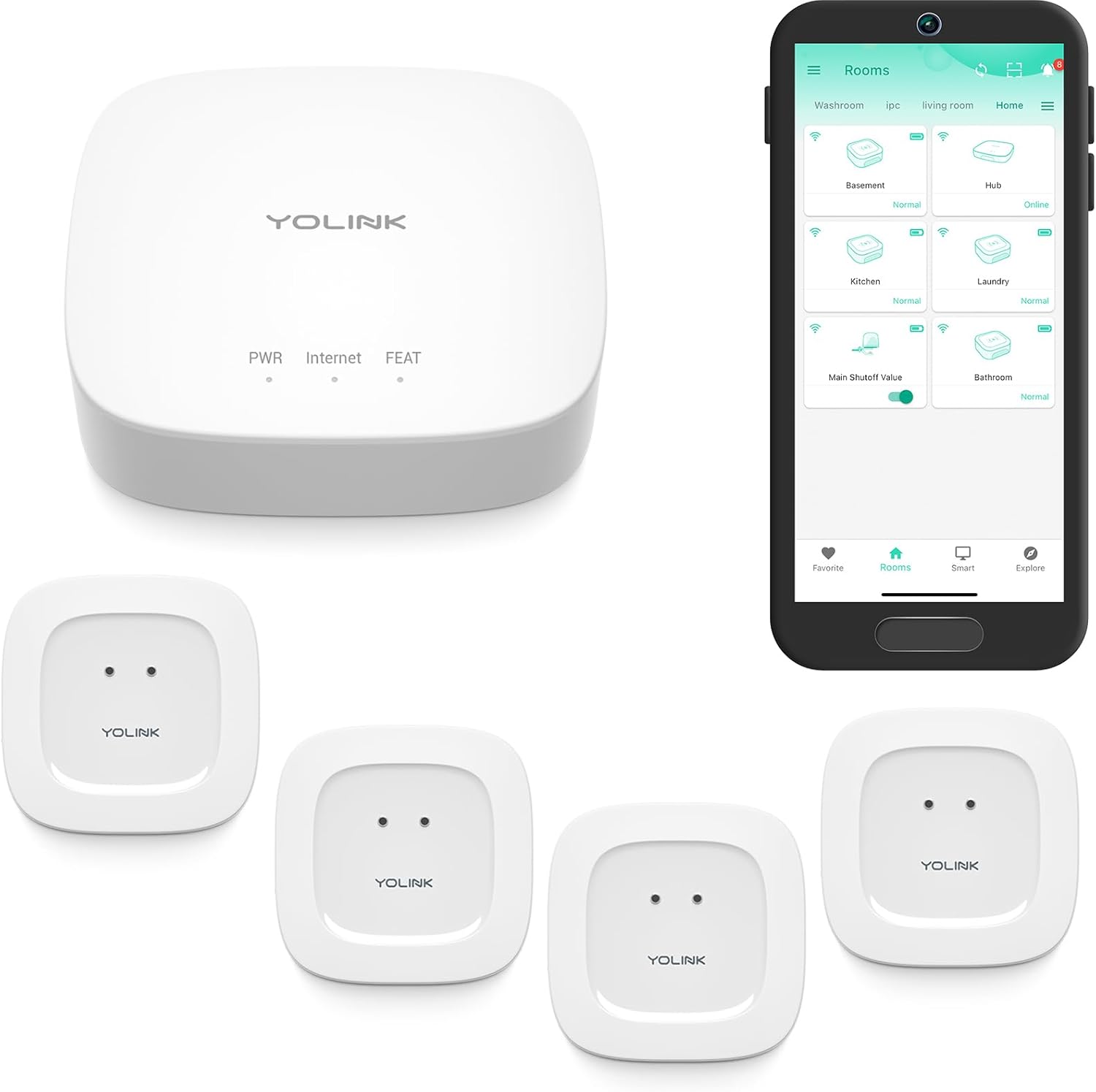 YoLink Smart Home Starter Kit: Hub & Water Leak Sensor 4-Pack