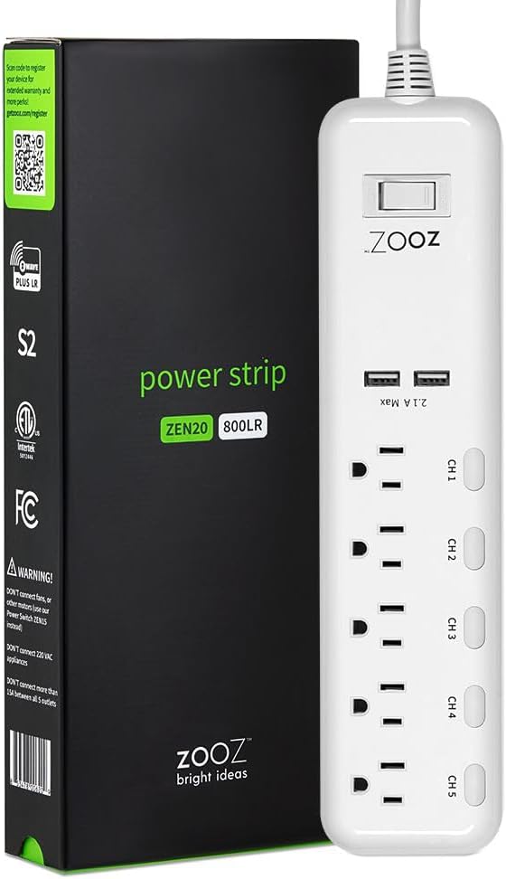 Zooz Z-Wave Long Range Power Strip ZEN20 800LR with Energy Monitoring and 2 USB Ports