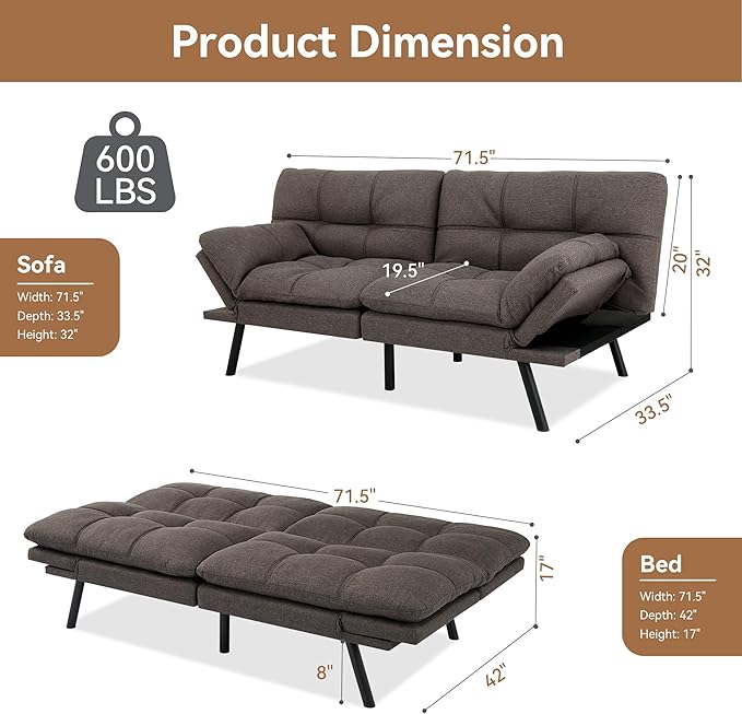 Convertible Memory Foam Sofa Couch Modern Loveseat Sleeper - Image 2